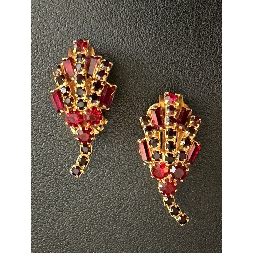 Vintage HOBE Rhinestone Earrings Clip Ons Red Gold Tone Designer Signed